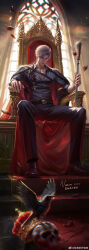 1boy absurdres belt bird black_pants black_shirt black_shoes chain closed_mouth crow crown grey_hair highres holding holding_staff jewelry lips love_and_deepspace mantle necklace pants red_eyes shirt shoes sitting_on_throne skull staff sylus_(love_and_deepspace) window wo_zhen_de_hao_e_ya