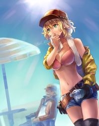 1boy 1girl baseball_cap belt black_gloves blonde_hair breasts cid_sophiar cidney_aurum cropped_jacket final_fantasy final_fantasy_xv gloves green_eyes hat navel sasanomesi short_hair short_shorts shorts square_enix thighhighs