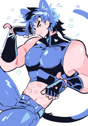 1boy :3 abs animal_ears bare_shoulders battle_tendency black_eyes black_gloves black_hair black_pants black_shirt cat_ears cat_tail crop_top drawn_heart fingerless_gloves gloves gogeyama heart highres jojo_no_kimyou_na_bouken joseph_joestar limited_palette male_focus midriff muscular muscular_male navel palmar_flexion pants shirt simple_background solo tail white_background