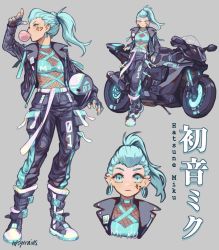 1girl alternate_hairstyle aqua_eyes aqua_hair belt blowing_bubbles boot_straps boots braid ear_piercing earrings facial_tattoo fingerless_gloves fishnet_top fishnets french_braid gloves hair_pulled_back hatsune_miku highres hoop_earrings jewelry leaning_on_object leather motor_vehicle motorcycle pants piercing ponytail solo standing tattoo tipsytrains vocaloid