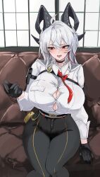 1girl absurdres alternate_breast_size arm_pouch armband averting_eyes black_armband black_choker black_gloves black_horns black_jacket black_pants black_pouch blush breasts button_gap chest_harness choker collared_shirt commentary couch curled_horns earrings gloves hair_between_eyes hand_up harness highres horns huge_breasts indoors jacket jacket_on_shoulders jewelry kasumi_saika key_earrings medium_hair mole mole_under_eye multicolored_hair necktie on_couch open_mouth pants red_eyes red_necktie shirt shirt_tucked_in sitting solo streaked_hair tight_clothes tight_pants white_hair white_shirt wuthering_waves zani_(wuthering_waves)