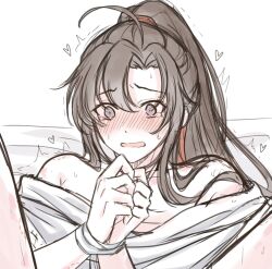 1boy ahoge alternate_costume bare_shoulders bdsm bed_sheet bite_mark black_hair blush bondage bound bound_wrists brown_hair full-face_blush hair_ribbon heart hickey highres implied_sex implied_yaoi long_hair looking_at_viewer male_focus modao_zushi off_shoulder on_bed open_mouth out-of-frame_censoring ponytail purple_eyes red_ribbon ribbon robe semiusa1010 sidelocks simple_background sketch solo spread_legs sweat tearing_up tears trap trembling wei_wuxian white_background white_robe