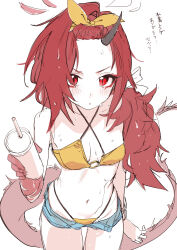 Rule 34 | 1girl, absurdres, bare shoulders, bikini, blue archive, blue shorts, blush, bracelet, breasts, cup, dragon tail, eyeliner, hairband, halo, highres, horns, jewelry, long hair, looking at viewer, makeup, micro shorts, navel, parted bangs, red eyes, red hair, renge (blue archive), shorts, single horn, small breasts, solo, swimsuit, tail, translation request, yanyo (ogino atsuki), yellow bikini