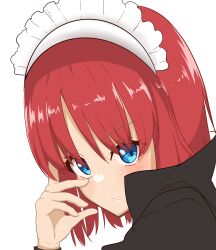 1girl apron blue_eyes blush brainwasher_detective closed_mouth coat detective expressionless hand_on_own_face headshot highres hisui_(tsukihime) long_sleeves maid maid_headdress red_hair short_hair solo tsukihime tsukihime_(remake) type-moon user_rysv8837 white_background
