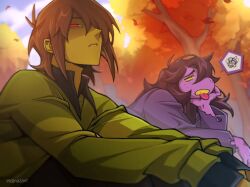 1girl 1other artist_name brown_hair colored_sclera colored_skin commentary day deltarune eidinazavr english_commentary falling_leaves furry furry_female green_sweater jpeg_artifacts kris_(deltarune) leaf long_hair looking_at_viewer outdoors pink_skin red_eyes shaded_face short_hair spoken_squiggle squiggle susie_(deltarune) sweater tongue tongue_out tree upper_body yellow_sclera yellow_skin