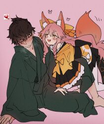 1boy 1girl all_fours animal_ear_fluff animal_ears assertive_female blush bow breath fang fang_out fate/samurai_remnant fate_(series) fox_ears fox_girl fox_tail green_kimono hair_bow heart japanese_clothes kimono long_hair long_sleeves miyamoto_252 miyamoto_iori_(fate) on_ground open_mouth pink_hair short_eyebrows sitting smile sweat tail tamamo_(fate) tamamo_aria_(fate) yellow_bow yellow_eyes yellow_kimono