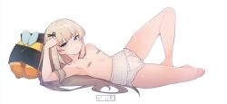 1girl amanogawa_shiina arm_up armpits artist_logo artist_name bandaid bandaids_on_nipples bare_arms bare_legs bare_shoulders barefoot beret blonde_hair blue_eyes blush closed_mouth collarbone feet flat_chest frilled_panties frills full_body grey_hair hair_ornament hair_ribbon hair_spread_out hairclip hat high-waist_panties highres knee_up legs logo long_hair looking_at_viewer lying on_back on_side panties pasties phase_connect ribbon sad_bee_(amanogawa_shiina) scissors_hair_ornament sidelocks simple_background solo stuffed_animal stuffed_bee stuffed_toy thighs tilt-shift_(azalanz) toes transparent_background underwear underwear_only very_long_hair white_panties