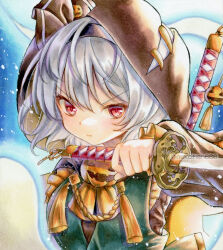 1girl alternate_costume black_hairband commentary dress green_dress grey_hair hairband halloween_costume hitodama holding holding_sword holding_weapon hood hood_up jack-o&#039;-lantern katana konpaku_youmu konpaku_youmu_(ghost) looking_at_viewer multiple_swords nekofish666 red_eyes reverse_grip solo sword touhou traditional_media twitter_username weapon