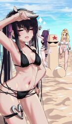 3girls absurdres bikini black_bikini blush breasts character_request cleavage closed_eyes halterneck hand_on_own_head highres holding holding_phone long_hair multicolored_hair multiple_girls navel open_mouth original phone sand sand_sculpture starfish streaked_hair swimsuit thigh_strap torriet white_bikini