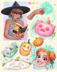 2girls artist_name bare_shoulders black_hat book brown_hair dark-skinned_female dark_skin disembodied_hand double_bun for_dummies gradient_hair green_hair grey_eyes hair_bun hat highres holding holding_book jack-o&#039;-lantern luztapiaart multicolored_hair multiple_girls open_book open_mouth orange_hair original peyton_(luztapiaart) pointing purple_nails reading roya_(luztapiaart) teeth two-tone_hair watermark witch_hat