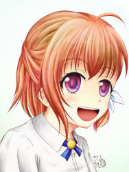 Rule 34 | 1girl, ahoge, blush, looking at viewer, mizusawa manaka, open mouth, orange hair, puraore! pride of orange, purple eyes, school uniform, short hair, smile, solo, upper body