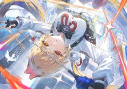 Rule 34 | 1girl, absurdres, alice thymefield, animal ears, black gloves, blonde hair, closed mouth, collared shirt, ear-to-ear, fingerless gloves, gloves, heterochromia, highres, holding, holding weapon, krin (krinnin), long hair, long sleeves, looking at viewer, low twintails, pantyhose, rabbit ears, rabbit girl, red eyes, second-party source, shirt, skirt, solo, twintails, weapon, white shirt, yellow eyes, zenless zone zero