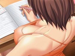 breasts brown_hair cleavage large_breasts lowres top_view writing