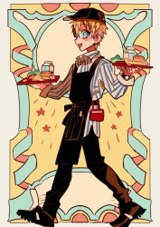 1boy absurdres apron baseball_cap black_apron black_hat black_shoes blonde_hair blue_eyes border burger dual_wielding fast_food food french_fries from_side full_body hair_between_eyes hands_up hanoyuta hat highres holding holding_tray jibaku_shounen_hanako-kun legs_apart lettuce light_blush long_sleeves male_focus milk_carton minamoto_kou multicolored_background official_art open_mouth ornate_border pocket shirt shoes short_hair sideways_glance smile solo spiked_hair striped_clothes striped_shirt tomato tomato_slice tray untucked_shirt vertical-striped_clothes vertical-striped_shirt waist_bag waiter walking watch white_border white_shirt wristwatch
