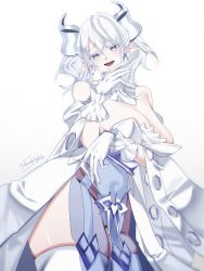 1girl bare_shoulders breasts cleavage cowboy_shot demon_girl demon_horns detached_sleeves dress drill_hair duel_monster earrings gloves highres horns jewelry large_breasts lovely_labrynth_of_the_silver_castle pointy_ears sanzakasun signature solo strapless strapless_dress twin_drills white_dress white_eyes white_gloves white_hair white_sleeves yu-gi-oh!
