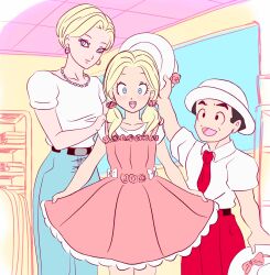 1boy 2girls android_18 belt black_eyes black_hair blonde_hair blue_eyes blush couple dragon_ball dress father_and_daughter happy hat highres husband_and_wife jewelry kuririn marron_(dragon_ball) mother_and_daughter multiple_girls necklace necktie pearl_necklace smile