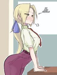 1girl ass blonde_hair blush breasts cake classroom food green_eyes high-waist_pants highres kuroi_nanako long_hair lucky_star medium_breasts necktie pants ponytail pout spinster tagme zlix0n
