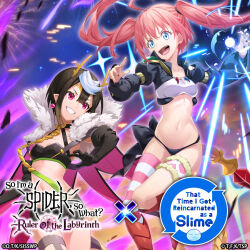 2girls :d ariel_(kumo_desu_ga_nani_ka?) black_hair blue_eyes breasts cleavage commentary copyright_name copyright_notice crop_top crossover english_commentary fur_trim jacket kumo_desu_ga_nani_ka? long_sleeves midriff milim_nava multiple_girls navel official_art open_mouth pink_hair purple_eyes small_breasts smile stomach tensei_shitara_slime_datta_ken thighhighs thighs twintails