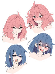 2girls absurdres blue_eyes blue_hair blush commentary_request highres konno_you_(warabi_mochi_(w4rabimochi)) kozakura_men_(warabi_mochi_(w4rabimochi)) looking_at_viewer medium_hair multiple_girls open_mouth original pink_eyes pink_hair simple_background tears upper_body warabi_mochi_(w4rabimochi) white_background