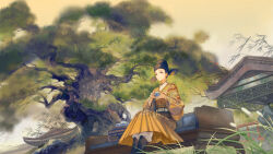 1boy architecture artist_request bamboo belt belt_buckle black_boots black_hair black_hat blue_belt bonsai boots brown_eyes buckle building character_request chinese_commentary closed_mouth commentary_request cup double_bun duckweed east_asian_architecture eyelashes floral_print forehead full_body hair_bun hat highres holding holding_cup long_sleeves male_focus nikki_(series) official_art on_bench outdoors pants second-party_source shining_nikki short_hair sitting sky smile solo sunset tree white_pants wide_sleeves yellow_hanfu yellow_sky