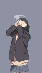 1girl anarchy_ptck bad_id bad_twitter_id black_hair black_jacket blazer breath breathing_on_hands closed_eyes cold commentary_request cowboy_shot green_scarf grey_background grey_skirt hands_up jacket long_hair long_sleeves miniskirt original own_hands_together pleated_skirt scarf school_uniform simple_background skirt solo standing