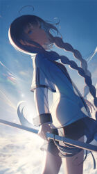 Rule 34 | 1girl, ahoge, black skirt, blue eyes, braid, breasts, closed mouth, eyebrows hidden by hair, from side, hair between eyes, highres, holding, holding staff, jacket, light blush, long hair, looking to the side, mage staff, mushoku tensei, roxy migurdia, see-through clothes, see-through jacket, shadow, sideboob, skirt, small breasts, solo, staff, sunset, twin braids, upper body, very long hair, wangza, white jacket