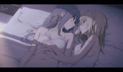2girls arm_at_side arm_behind_another&#039;s_back bang_dream! bang_dream!_it&#039;s_mygo!!!!! bed black_ribbon blonde_hair blue_hair blurry blush breasts camisole collarbone commentary crop_top depth_of_field eye_contact from_above hair_ribbon hand_on_another&#039;s_stomach hand_on_own_chest lace-trimmed_camisole lace_trim letterboxed lie_lack1080 light_particles long_hair looking_at_another lying medium_breasts medium_hair midriff misumi_uika multiple_girls navel on_back on_bed on_side parted_lips pillow purple_eyes ribbon sidelocks spaghetti_strap strap_slip striped_ribbon sweat togawa_sakiko upper_body white_camisole window_shadow yellow_eyes yuri