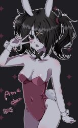 Rule 34 | 1girl, :o, aegyo sal, ame-chan (needy girl overdose), ame-chan (playboy bunny) (needy girl overdose), animal ear hairband, animal ears, black eyes, black hair, breasts, cleavage, cowboy shot, english text, fake animal ears, hair ornament, hair over one eye, hairband, highres, leotard, looking at viewer, needy girl overdose, outline, rabbit ear hairband, rabbit ears, rabbit tail, red leotard, reno (re leno), short twintails, sidelocks, sparkle, tail, teeth, twintails, upper teeth only, v, white outline, wrist cuffs, x hair ornament