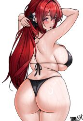 1girl adjusting_hair armpit_crease ass azur_lane backboob bikini black_bikini blush breasts from_behind highres huge_breasts looking_at_another looking_back mole mole_on_breast mole_on_thigh mommymilkers3k monarch_(azur_lane) monarch_(sovereign_of_the_beach)_(azur_lane) official_alternate_costume pink_eyes red_hair red_lips sideboob signature simple_background skindentation solo swimsuit wet white_background