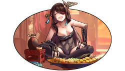 1girl bare_shoulders beidou_(genshin_impact) black_gloves bottle breasts brown_hair cleavage closed_eyes collarbone cup earrings eyepatch facing_viewer fingerless_gloves food fried_food fukushi_ryouhei genshin_impact gloves hair_ornament hair_over_one_eye hairpin hand_on_own_thigh indian_style jewelry large_breasts long_hair open_mouth plate sake_bottle single_earring sitting smile solo stick tassel tassel_earrings thighhighs