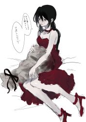 1girl akai_ringo_(eveyuno) bag black_hair choker dress high_heels highres holding holding_bag low_ponytail original ponytail red_dress sitting white_background