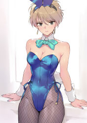 1girl alternate_costume animal_ears arm_support bare_shoulders blonde_hair blue_leotard blue_nails bow bowtie breasts cleavage closed_mouth collarbone commission covered_navel cowboy_shot detached_collar earrings fake_animal_ears fake_tail fishnet_pantyhose fishnets floating_earring fushigi_yuugi grey_eyes hair_between_eyes highleg highleg_leotard highres hongou_yui jewelry leaning_back leotard looking_at_viewer matsuda_(matsukichi) medium_breasts pantyhose pixiv_commission playboy_bunny rabbit_ears rabbit_tail short_hair solo strapless strapless_leotard swept_bangs tail wrist_cuffs