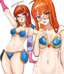 1girl absurdres ahoge alternate_costume armor bikini bikini_armor black-framed_eyewear blue_bikini blunt_bangs blush breasts cleavage glasses gloves high-cut_armor_(persona) highres jacket long_hair looking_at_viewer medium_breasts navel nero_watch official_alternate_costume open_mouth orange_hair persona persona_5 persona_5:_dancing_star_night persona_dancing sakura_futaba shoulder_armor simple_background smile solo stomach swimsuit