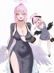 2girls absurdres alternate_costume animal_ears artist_name bag bird_ears black_bag black_bra black_choker black_panties black_wings blue_archive blush bra bracelet braid breasts choker cleavage collarbone commentary_request covered_navel dongtan_dress dress fang feet_out_of_frame full_body grey_dress hair_ribbon halo highres holding holding_bag jewelry koharu_(blue_archive) large_breasts long_hair long_sleeves looking_at_viewer mechanical_halo meme_attire mika_(blue_archive) mole mole_on_breast multiple_girls open_mouth panties pink_eyes pink_hair pink_halo ponytail purple_ribbon red_halo ribbon ring shoulder_bag sidelocks small_breasts smile standing teeth twin_braids underwear upper_teeth_only user_mwxd2354 white_background white_wings wings yellow_eyes
