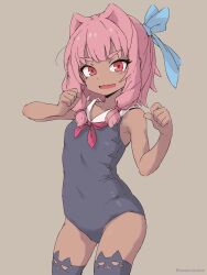 1girl animal_ear_legwear armpits bikini black_thighhighs cat_ear_legwear collarbone dark-skinned_female dark_skin fang hair_intakes highres kotonoha_akane loli looking_at_viewer one-piece_swimsuit open_mouth pink_hair red_eyes semicolonize skin_fang solo swimsuit thighhighs thighs voiceroid