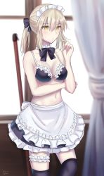 1girl apron artoria_pendragon_(fate) bare_shoulders bikini black_bikini black_thighhighs blonde_hair blush curtains fate/grand_order fate_(series) frills highres maid maid_apron maid_bikini maid_headdress navel ponytail saber_alter saber_alter_(swimsuit_rider) saber_alter_(swimsuit_rider)_(second_ascension) sii_artatm solo sweatdrop swimsuit thighhighs unconventional_maid yellow_eyes