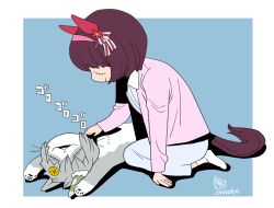 1girl animal_ears animalization blue_background brown_hair cat closed_eyes commentary_request ear_covers full_body grey_skirt horse_ears horse_girl horse_tail jacket long_sleeves nishino_flower_(umamusume) onikobe_rin open_mouth petting pink_jacket seiun_sky_(umamusume) short_hair simple_background sitting skirt socks solo tail two-tone_background umamusume white_background white_socks