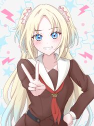 Rule 34 | 1girl, absurdres, aheaheliveman, blonde hair, blue eyes, blue hair, blush, breasts, brown dress, collarbone, commentary request, dress, flower, gradient hair, grin, hair flower, hair ornament, hand on own hip, hasu no sora school uniform, highres, lightning bolt symbol, link! like! love live!, long sleeves, looking at viewer, love live!, medium breasts, multicolored hair, osawa rurino, parted bangs, pink flower, sailor collar, sailor dress, school uniform, smile, solo, star (symbol), upper body, v, virtual youtuber, white background, white sailor collar, winter uniform