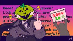 1girl absurdres belt border coat english_text female_focus filthyhector fingernails highres laughing long_sleeves mask mask_on_head middle_finger oosuzuki_kurara purple_border purple_coat the_hundred_line_-last_defense_academy- tomato triangle