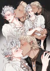 2boys animal_collar astarion baldur&#039;s_gate baldur&#039;s_gate_3 bite_mark biting biting_ear blonde_hair blue_eyes collar curly_hair dark-skinned_male dark_skin dungeons_&amp;_dragons dungeons_&amp;_dragons fangs gradient_background highres hug hug_from_behind kiss male_focus multiple_boys multiple_views pale_skin poet_shirt pointy_ears shirt short_hair tav_(baldur&#039;s_gate) vampire white_hair white_shirt wild5lee yaoi