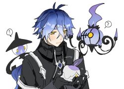 1boy ? black_coat black_gloves blue_hair chandelure closed_mouth coat commentary english_commentary eon_/_ieon flins_(genshin_impact) gen_5_pokemon genshin_impact gloves hair_between_eyes holding holding_pokemon lampent litwick male_focus nintendo pokemon pokemon_(creature) signature simple_background spoken_question_mark white_background yellow_eyes