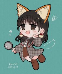 1girl :d actor_connection animal_ears animification aqua_background black_coat black_hair blunt_bangs boots bow bow_earrings brown_boots brown_eyes brown_skirt cat_ears coat collared_shirt commentary_request cosplay drawn_tail dress_shirt earrings fang full_body highres holding holding_magnifying_glass houndstooth jewelry light_bulb long_sleeves magnifying_glass mayoiji_somari mayoiji_somari_(cosplay) medium_skirt neko-tan! open_clothes open_coat open_mouth paw_print real_life shirt sidelocks simple_background skirt smile solo tsukine_kona watage_modoki white_shirt