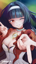 1girl astra_yao black_hair blush breasts cleavage commission dress earrings hairband highres jacket jackets jewelry large_breasts long_hair original purple_eyes red_eyes red_shrug sjojo17 smile solo thigh_beads uneven_bangs white_dress white_hairband zenless_zone_zero