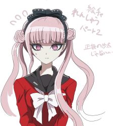 1girl black_bow bow eyelashes female_focus hair_between_eyes highres japanese_text looking_at_viewer matching_hair/eyes pink_eyes pink_hair simple_background solo the_hundred_line_-last_defense_academy- translation_request tsukumo_kako white_background