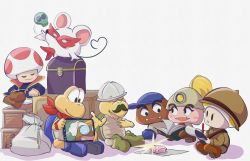 2girls 6+boys animal_ears animal_nose arm_support bandana baseball_cap blonde_hair blue_coat blue_footwear blush_stickers book boots box brown_footwear captain_t._ode closed_eyes closed_mouth coat coke-bottle_glasses crate crossed_legs facial_hair fangs gem glasses goomba goombario goombella green_footwear hat helmet high_heels kolorado koopa kooper looking_at_another looking_down mario_(series) mask mining_helmet mouse_ears mouse_tail ms._mowz multiple_boys multiple_girls mustache nintendo no_humans notepad open_mouth paper_mario paper_mario:_the_origami_king paper_mario:_the_thousand_year_door pith_helmet ponytail professor_frankly professor_toad_(mario) red_footwear red_neckwear sack simple_background sitting skull smile snout sparkle tablet tail talking toad_(mario) treasure_chest white_background white_hair wristband writing