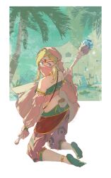 1boy absurdres back blonde_hair blue_eyes from_behind gensou_getsumen_rt highres holding holding_staff kneeling link long_hair male_focus mouth_veil nintendo solo staff the_legend_of_zelda the_legend_of_zelda:_breath_of_the_wild veil