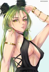 Rule 34 | 1girl, arm up, armpit crease, artist name, bare shoulders, black dress, black hair, bracelet, braid, breasts, chain, cleavage, commentary, double bun, dress, english commentary, eyelashes, eyeshadow, gold armlet, gold bracelet, gold chain, gradient background, green eyes, green hair, hair between eyes, hair bun, hashtag-only commentary, henoopd, highres, jewelry, jojo no kimyou na bouken, kuujou jolyne, lips, long hair, looking at viewer, makeup, medium breasts, multicolored hair, parted lips, ribs, solo, stone ocean, two-tone hair, upper body, very long hair, white background