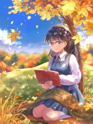 Rule 34 | 1girl, against tree, autumn, autumn leaves, backlighting, black-framed eyewear, black hair, blue dress, blue eyes, blue sky, blunt bangs, bokujou monogatari, bokujou monogatari: mineral town no nakama tachi, book, braid, closed mouth, cloud, dappled sunlight, day, dress, falling leaves, forest, full body, glasses, grass, highres, hina cassiopeia, holding, holding book, leaf, light particles, light rays, long hair, long sleeves, low-braided long hair, low-tied long hair, maria (bokujou monogatari), mountainous horizon, nature, neck ribbon, on blanket, outdoors, peter pan collar, pinafore dress, pleated dress, puffy long sleeves, puffy sleeves, reading, rectangular eyewear, ribbon, scenery, seiza, shirt, short dress, single braid, sitting, sky, sleeveless, sleeveless dress, smile, solo, sunlight, tree, white shirt