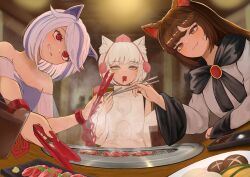 3girls absurdres animal_ears brown_hair chain chopsticks closed_mouth commentary_request cooking detached_sleeves dog_ears dress eating food grey_dress grey_eyes grill grilling grin hat highres holding holding_chopsticks holding_tongs imaizumi_kagerou indoors inubashiri_momiji long_hair long_sleeves looking_at_another meat mitsugashira_enoko multicolored_hair multiple_girls mushroom off-shoulder_shirt off_shoulder pom_pom_(clothes) purple_hair purple_shirt red_eyes salt shiitake shirt short_hair sleeveless sleeveless_shirt smile smoke streaked_hair tamateba_co tokin_hat tongs touhou turtleneck turtleneck_shirt upper_body white_hair white_shirt white_sleeves wolf_ears wolf_girl