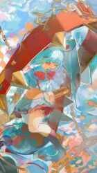 Rule 34 | 1girl, absurdres, animal ears, aqua collar, aqua hair, aqua skirt, bow, bowtie, bracelet, brown socks, collar, commentary request, crop top, fake animal ears, flying, frilled skirt, frills, granblue fantasy, hair ornament, highres, jewelry, kneehighs, large bow, long sleeves, looking to the side, medium hair, miniskirt, navel, one eye closed, open mouth, purassi88, red bow, red bowtie, red eyes, red frills, red skirt, skirt, socks, solo, vikala (granblue fantasy)